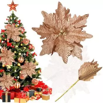 Yousheng Christmas Poinsettia Flower Picks Большие искусственные цветы пуансеттии Блестящие искусственные шелковые цветы для украшения венка на дереве золотистый