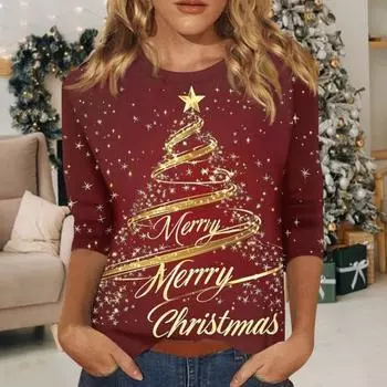 Yousheng Christmas Printed Women T-shirt Round Neck 3/4 Sleeve Loose Fit Pullover Tops Xmas Tree Design Lightweight Tops S A