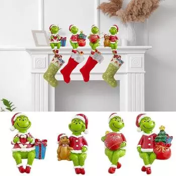 Yousheng Christmas Stocking Holder Resin Green Elf Figurine Stocking Hook Seasonal Mantel Hanger for Xmas Wreaths Stockings B