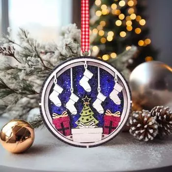 Yousheng Christmas Wooden Pendant 3D Multi-layered Christmas Stockings Hanging Ornament Festive Tree Ornament for Family Party Decor 1pc