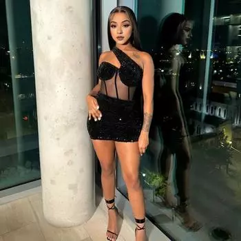 Yousheng Club Dress Off Shoulder Slant Neck Bodycon Sequin Ultra Short Mini Dress Mesh Sleeveless Patchwork Slim Fit Party Sheath Dress M красный