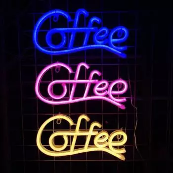 Yousheng Coffee Letter Neon Sign Lamp Креативная форма Питание от батареи Немерцающий светодиодный неоновый свет с низким энергопотреблением синий