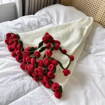 Yousheng Crochet Flower Blanket Handmade Rose Bouquet Blanket Lily of The Valley Crocheted Bouquet Throw Blanket for Sofa Bed Couch Home Decor