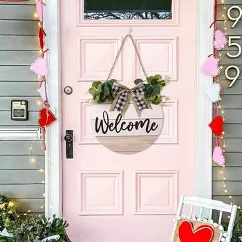 Yousheng деревенский деревянный круглый подвесной знак плед декор с бантом буквенный принт дверная пластина с ремешком Добро пожаловать подвесной орнамент домашний декор белый