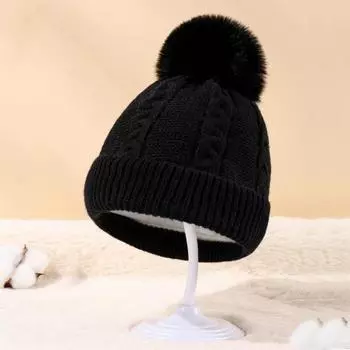Yousheng Детская вязаная шапка с плюшевым шариком, эластичная, нескользящая, однотонная, мягкая, толстая, теплая, устойчивая к холоду, унисекс, детская зимняя уличная шапка-бини белый