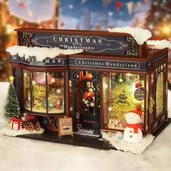 Yousheng DIY Рождественский миниатюрный домик-комплект со светодиодной подсветкой Мини-домик для творчества Игрушка с мебелью Книжный уголок Игровая модель здания на день рождения, рождественскую ночь A