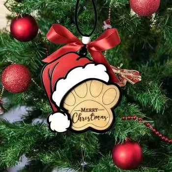Yousheng Dog Paw Print Pendant Wooden Christmas Hat Paw Print Ornament Holiday Tree Hanging Decoration Gift for Dog Lovers 1pc