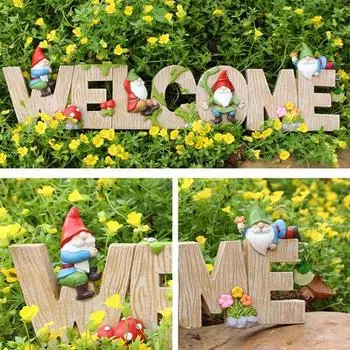 Yousheng Dwarf Welcome Sign Смола Мультфильм Гном Украшение Садовый Гном Письмо Welcome Sign для Домашнего Офиса Балкона Внутреннего Уличного Декора