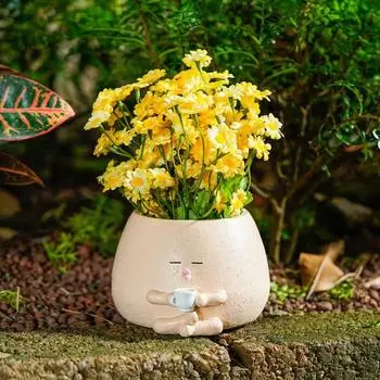 Yousheng Face Planter смоляной мультяшный пьющий кофе цветочный горшок сидящая фигурка суккулентный горшок с дренажным отверстием для комнатных и уличных растений в горшках хаки