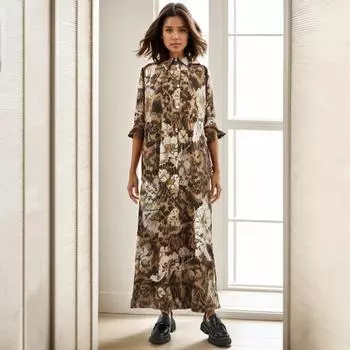 Yousheng Fall Spring Women Dress Turn-down Collar Floral Print Loose Single-breasted Long Sleeves Cardigan Side Pockets Shirt Type Maxi Dress L кофейный