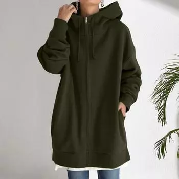 Куртка Yousheng Fall Winter с капюшоном, застежка-молния, толстовка с капюшоном, длинные рукава, свободный однотонный цвет, теплые карманы, средняя длина, защита шеи M темно-зеленого