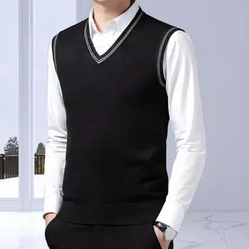 Yousheng Fall Winter Men Sweater V Neck Knitted Solid Color Elastic Stretchy Sleeveless Knitwear Pullover Mid Length Formal Business Style Sweater M серый