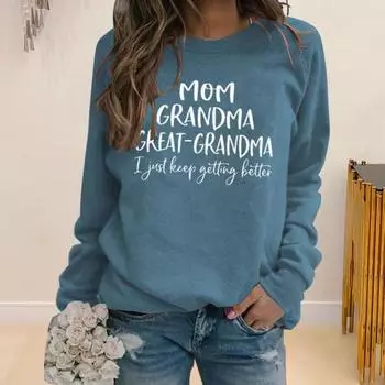 Yousheng Fall Winter Women Sweatshirt Letter Print Round Neck Long Sleeves Loose Pullover Elastic Cuff Daily Wear Casual Top L синий