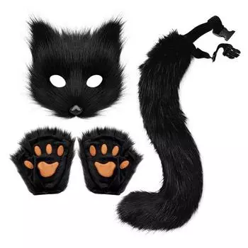 Yousheng Faux Fur Cat Fox Maque Tail And Paw Gloves Set Handmade Furry Animal Therian Kit Masquerade Halloween Party Cosplay Costume Accessory
