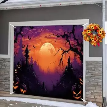 Yousheng Halloween Garage Buddy Door Cover Moon Witch Bat Castle Garage Door Banner Backdrop Mural for Halloween Outdoor Decoration S A