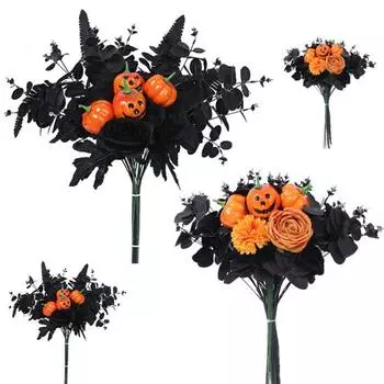 Yousheng Halloween Pumpkin Artificial Rose Bouquet with Black Eucalyptus Leaf Realistic Fake Flower Plants Home Office Table Centerpiece Decoration B