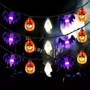 Yousheng Halloween String Lights Ghost Bat Pumpkin Halloween Light 8 Modes Водонепроницаемый Подвесной String Light для Домашнего Двора Вечеринка Дерево Декор 20LED