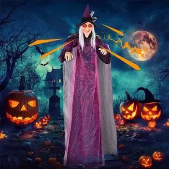 Yousheng Halloween Witch Decorations Outdoor Animated Hanging Witch со звуками и огнями Halloween Flying Witch Prop для украшения сада, двора, газона фиолетовый