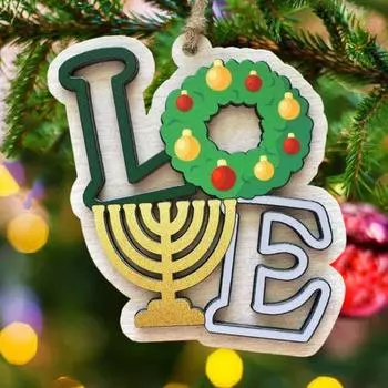 Yousheng Hanukkah Hanging Ornament Wooden Christmas LOVE Pattern Decorations Jewish Xmas Holiday Decor Pendant Gift for Family Friends 1pc