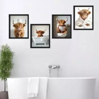 Yousheng Highland Cow Ванная Настенная Вывеска Фермерский Дом Гостиная Ванная Спальня Деревянная Highland Cow Животное Настенное Искусство Подвесное Украшение S A