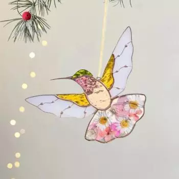 Yousheng Hummingbird Украшение окна Подвесная летающая колибри с цветочным узором Красочное украшение колибри для домашнего офиса магазина розовый