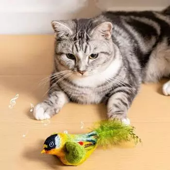 Yousheng интерактивная щебечущая птичка, игрушка для кошек, активируемая прикосновением, электрическая птица, реалистичная имитация, плюшевая игрушка для домашних кошек и собак серый