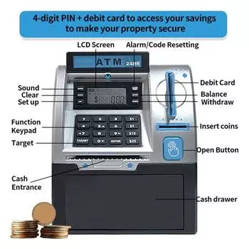 Yousheng Kids ATM Piggy Bank Toy с картой, электронными деньгами, монетами, сберегательной копилкой, обучающим автоматическим банкоматом с паролем, для малышей, мальчиков и девочек, подарок розовый