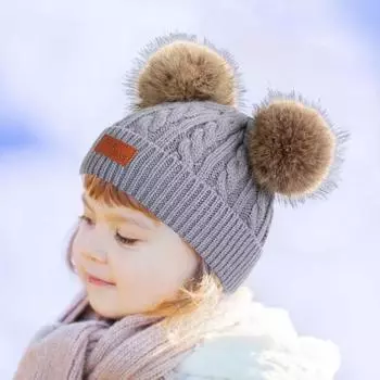Yousheng Kids Beanie Fall Winter Knitted Hat with 2 Pompom for Boys Girls 1-4 Years Old Warm Beanie Toddler Hat for Outdoor Activities хаки
