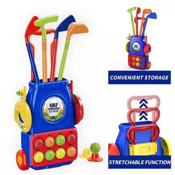 Yousheng Kids Golf Club Set with Drawbar Cart Plastic Golf Set for Boys Girls, Игрушка для игр в помещении и на открытом воздухе с 4 клюшками, 8 мячами, 2 лунками синий