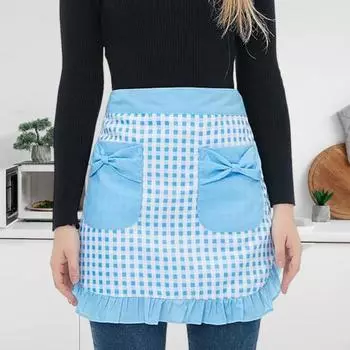 Yousheng Kitchen Apron with Double Pockets Ruffle Trimmed Half Apron Adjustable Ties Western Pastry Work Clothes Apron синий