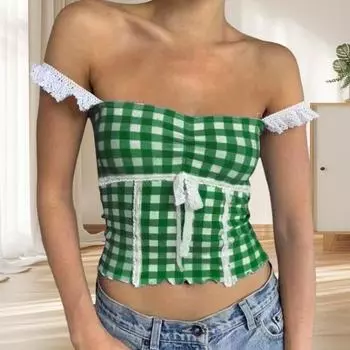 Yousheng клетчатый принт майки кружевные строчки топы на бретельках с квадратным вырезом без рукавов сексуальные короткие топы жилет на бретельках повседневная одежда S жёлтый