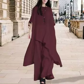 Yousheng комплект из 2 предметов: хлопковый лен, топы, брюки, комплект с круглым вырезом, рукавами до локтя, неровный подол, топы с высокой талией, длинные брюки, комплект, однотонный повседневный наряд M