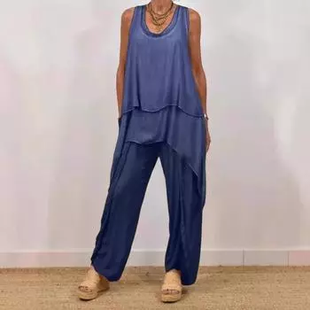 Yousheng комплект из двух частей для женщин, повседневный безрукавный асимметричный топ с широкими брюками, свободный домашний костюм на лето S белый