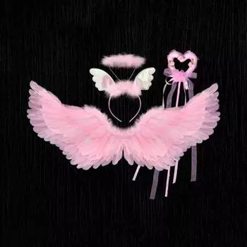 Yousheng Косплей Крылья Ангела Дети Набор Крыльев Ангела с Повязкой на голову и Волшебной палочкой Искусственные Перья Крылья Ангела Косплей для Хэллоуина Косплей Представление A