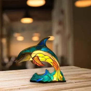 Yousheng красочный окрашенный смоляной ночник в виде животного, кошки, лошади, слона, дельфина, льва, петуха, совы, волка, настольная лампа, украшение для дома 15cm Dolphin