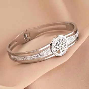 Yousheng Lady Bangle кубический цирконий Древо жизни Декор ажурный гальванизированный титановый стальной браслет для выпускного вечера ежедневный подарок для свиданий для любимых серебряный