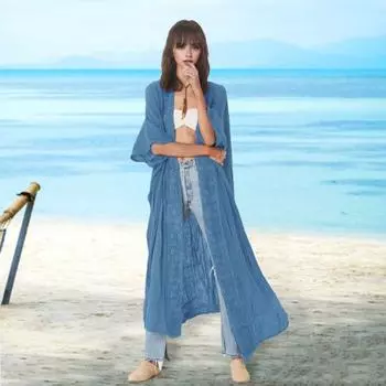 Yousheng Lady Beach Cardigan Sunscreen Anti UV Long Sleeves Lace Bohemian Style Bikini Cover-up Thin Длина до икры Vacation Daily Casual Style Coat белый