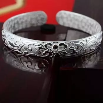 Yousheng Lady Opening Bracelet Регулируемая окружность Цветочный тисненый гладкий полированный медный широкий браслет на запястье для работы, отдыха, повседневной носки серебряный