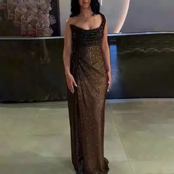 Yousheng Lady Платье с разрезом на одно плечо, узкое вечернее платье с пайетками, плиссированное платье для выпускного вечера, макси-платье с открытой спиной, без рукавов, без воротника, бальное платье S