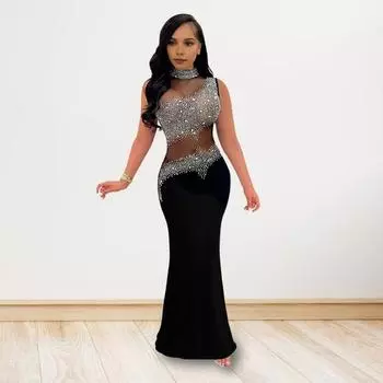 Yousheng Lady вечернее платье со стразами, сетка в стиле пэчворк, без рукавов, облегающее, с круглым вырезом, свадебное, вечернее, макси-платье для выпускного вечера, клуба, официального банкета S чёрный