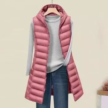 Yousheng Lady Winter Cotton Coat with Hood Thin Padded Windproof Sleeveles Solid Color Mid Length Waistcoat Zipper Closure Cardigan Outerwear 3XL чёрный