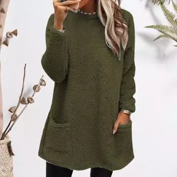 Yousheng Lady Winter Sweatshirt с двумя карманами, чистый цвет, плюш, круглый вырез, свободный, средней длины, топ, повседневный, для офиса, вечеринки, тренировок, свитшот S светло-синий
