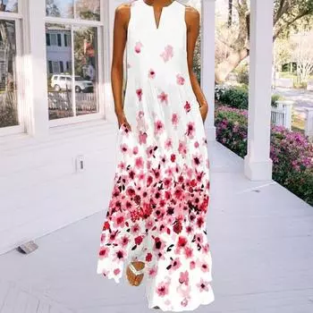 Yousheng Летнее женское макси-платье с цветочным принтом, А-силуэт, свободное длинное платье без рукавов с карманами, большой размер, струящееся платье для выпускного вечера, повседневного банкета S белый