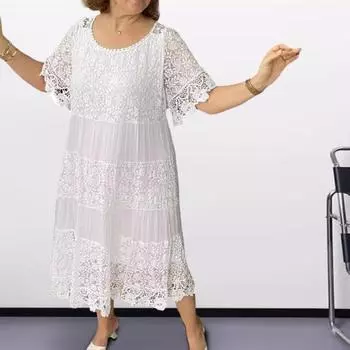 Yousheng Летнее женское платье Кружевное лоскутное платье с круглым вырезом и короткими рукавами с цветочной вышивкой Плиссированное свободное платье длиной до середины икры для покупок и свиданий 2XL синий