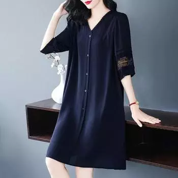 Yousheng Летнее женское платье размера плюс с V-образным вырезом, свободные рукава и половинки, сплошной цвет, ажурное кружево, однобортное платье длиной до колена, плюс размер, трапециевидное платье миди 4XL чёрный