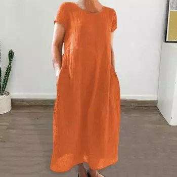 Yousheng Летнее женское платье с круглым вырезом в винтажном стиле с короткими рукавами, однотонное трапециевидное платье со свободным подолом и боковыми карманами, повседневное повседневное платье макси 2XL фиолетовый