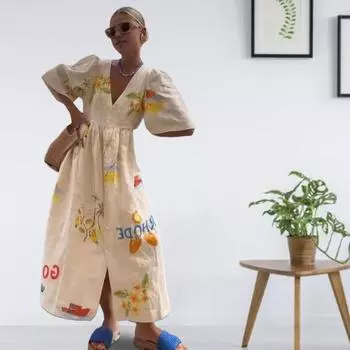 Yousheng Летнее женское платье с V-образным вырезом и короткими рукавами Свободное плиссированное лоскутное однобортное платье с принтом в молодом стиле для отпуска, пляжное платье миди M белый