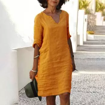 Yousheng Летнее женское платье с V-образным вырезом и рукавами три четверти Свободное однотонное платье длиной до колена Простой стиль Повседневная одежда Платье миди для поездок на работу S оранжевый