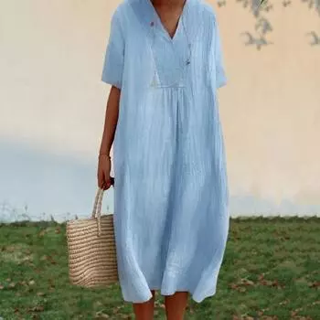 Yousheng Летнее женское платье с V-образным вырезом и короткими рукавами, А-силуэт, однотонный свободный пуловер с большим подолом, повседневная одежда, миди-платье, длинное платье для свиданий и поездок на работу 2XL розовый