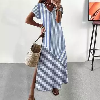Yousheng Летнее женское платье с V-образным вырезом и разрезом по бокам, Свободное платье трапециевидной формы с короткими рукавами и полосатым принтом, пуловер длиной до щиколотки, пляжное платье макси для отпуска XL небесно-голубой